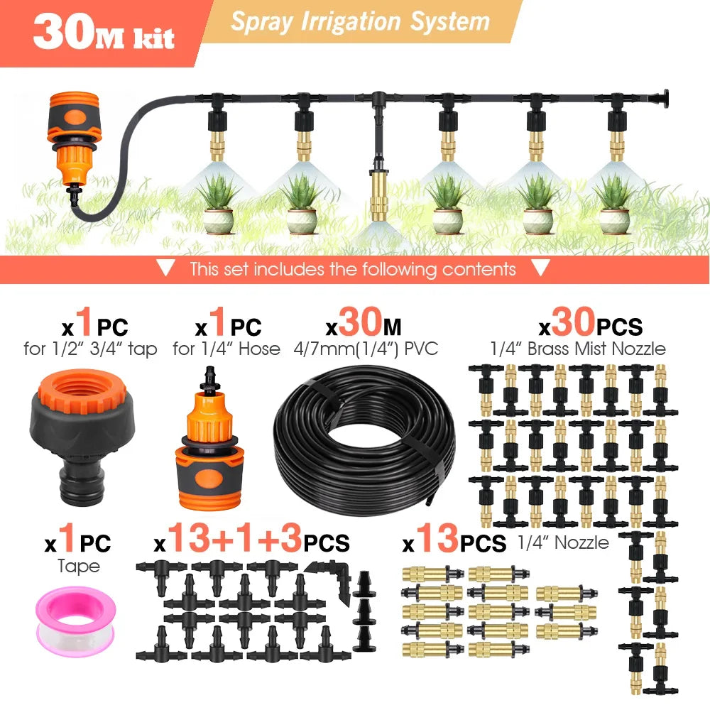 10M-30M Outdoor Misting Cooling System 4/7mm Hose for Patio Greenhouse Garden Irrigation Watering 1/4'' Brass Atomizer Nozzles Peaceful Pleasures Health and Wellness A-30M kit