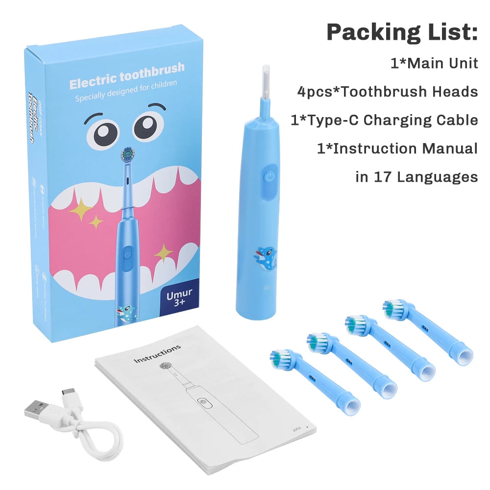 Rechargeable Smart Toothbrush for Children Cleaning Whitening & Massage 3 Modes IP67 Electric Cartoon Toothbrush 2-Min Timer Peaceful Pleasures Health and Wellness Blue