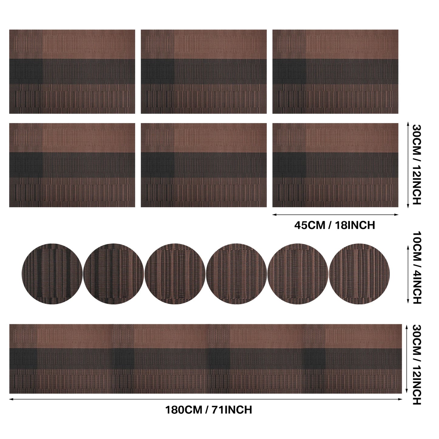 Set of 6 Placemats With Coasters Black Table Mats Crossweave Woven Vinyl Non-Slip Washable for Table Dining Kitchen Restaurant Peaceful Pleasures Health and Wellness 13pc Coffee 30x45cm
