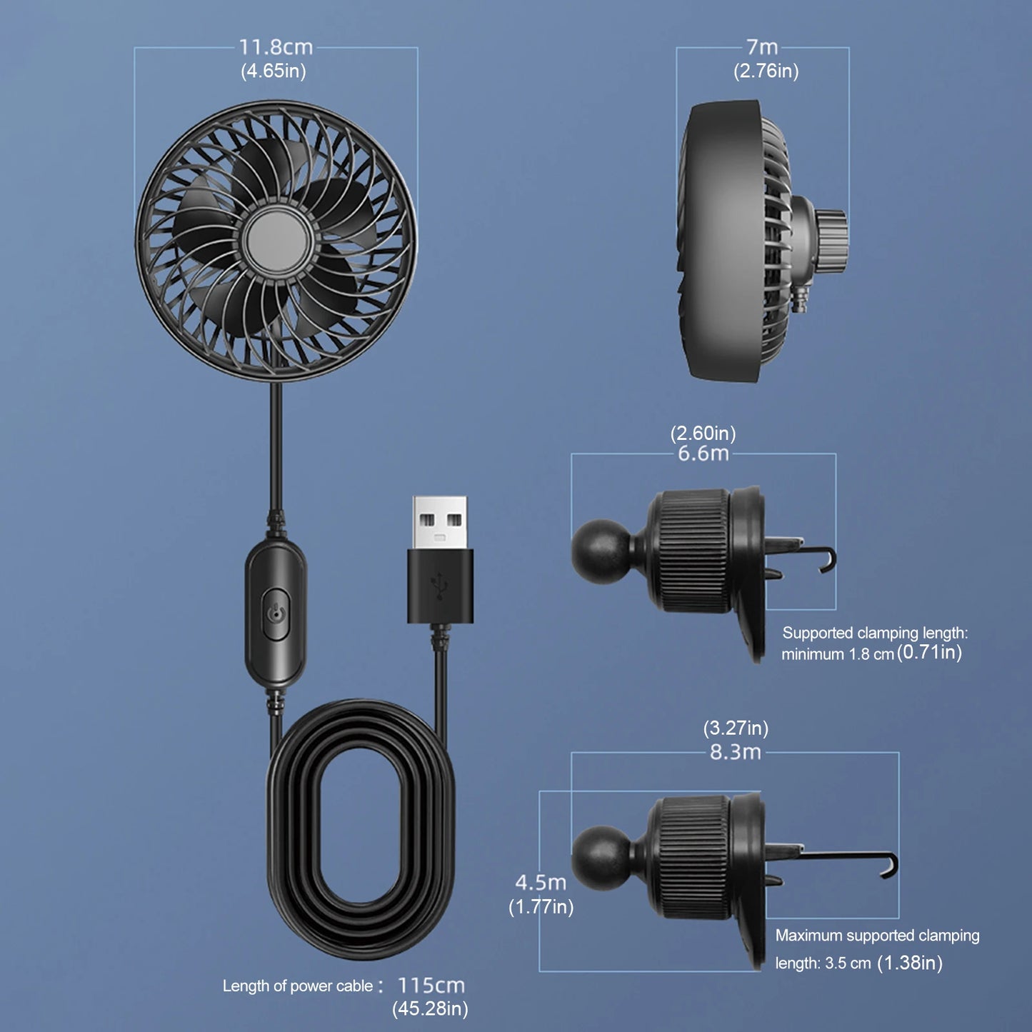 3 Speed USB Car Fan Mini Electric Air Vent Cooling Fan with 115cm Control Cable for Vehicle Auto Truck Interior Accessories Peaceful Pleasures Health and Wellness
