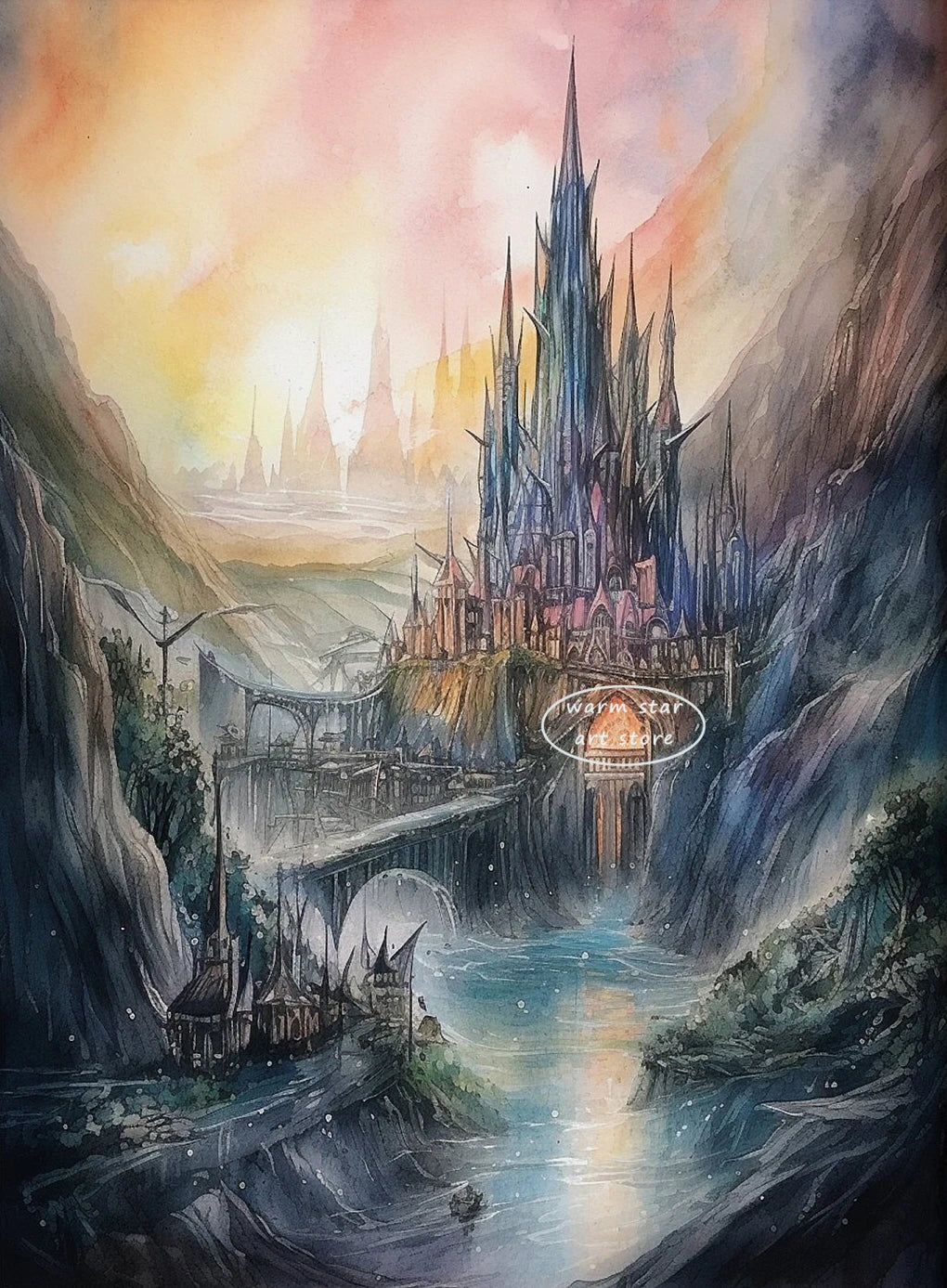 Watercolor Middle Earth Classic Magic Movie Rivendell Canvas Art Ring Posters and Prints Wall Painting Living Room Home Decor Peaceful Pleasures Health and Wellness A10 30X40CM