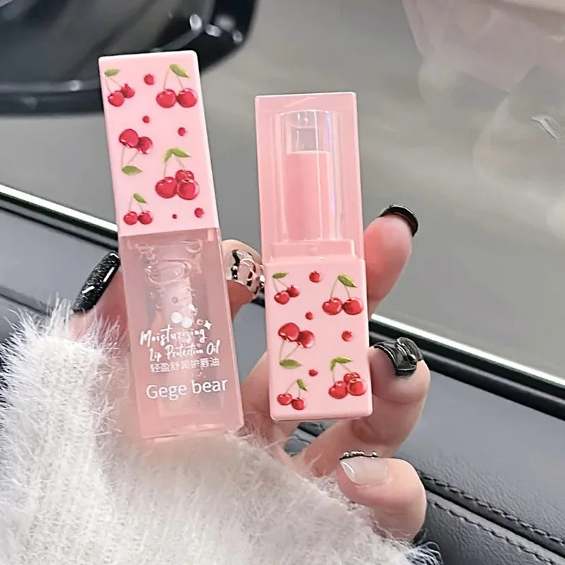 Cherry Hydrating Lip Balm and Lip Oils Set Gege Bear Light Moisturizing Soothing Nourishing and Tender Lips Care For Winter Use Peaceful Pleasures Health and Wellness