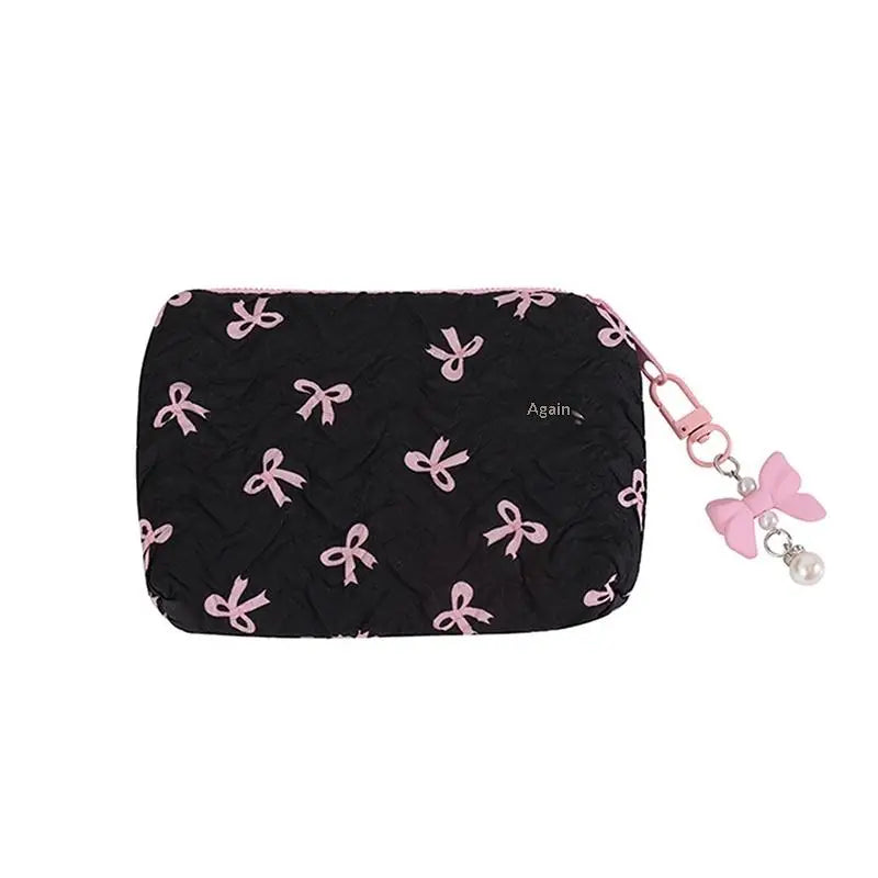 Cute Bow Fabric Makeup Bag, For Women Cosmetic Pouch, Portable Lipstick Earphone Travel Organizer Small Clutch Purse Peaceful Pleasures Health and Wellness Black