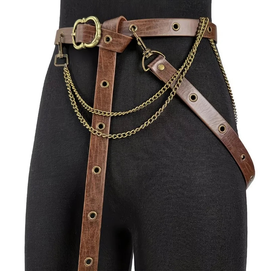 UYEE Retro Viking Belt Adjustable Medieval PU Leather Metal Chain