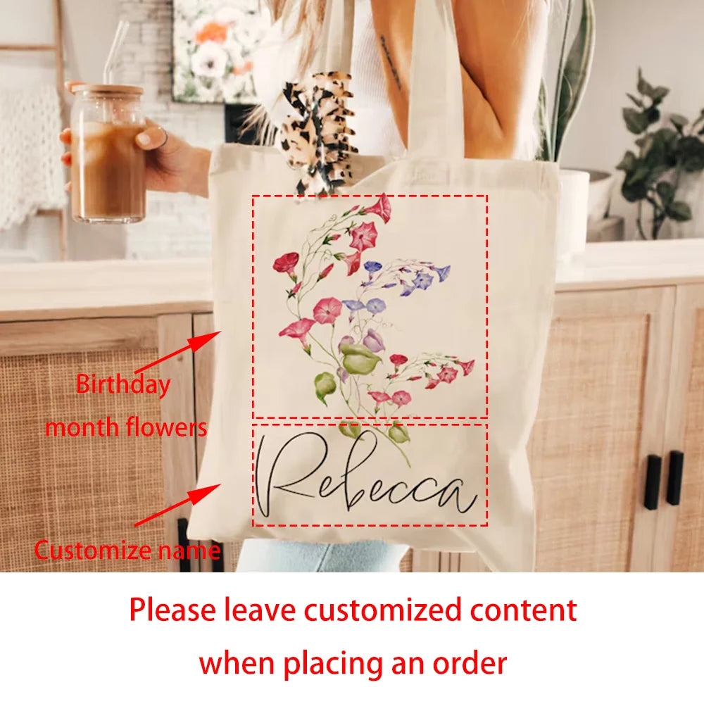 Personalized Birth Flower Canvas Tote Bag | Custom Name Gift