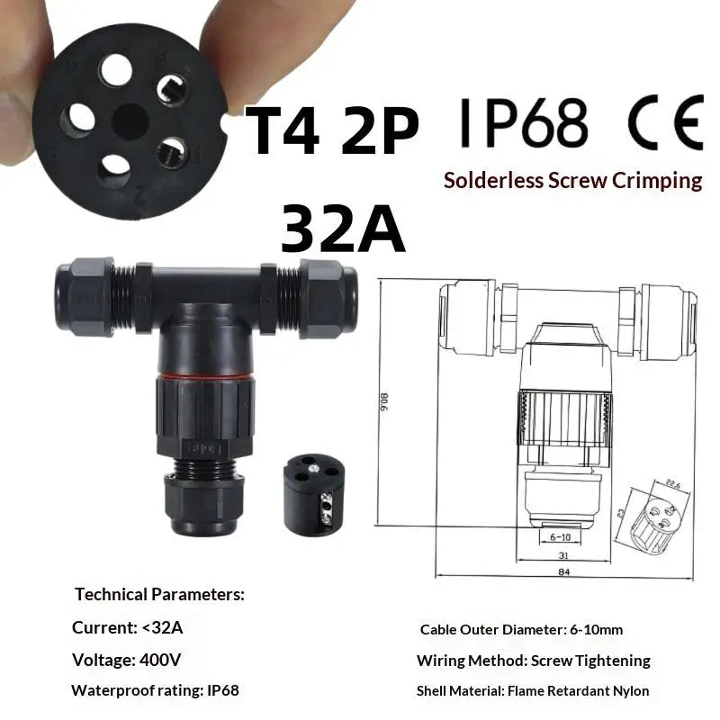 1Pc T Shape Waterproof Electric Connector Quick Screw Connect Push-in Terminals IP68 2/3/4/5Pin For Junction Box Wire Connector Peaceful Pleasures Health and Wellness T4 D 2PIN 32A