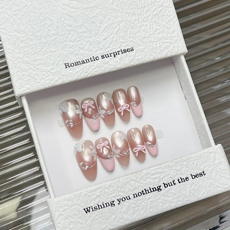 10pcs Handmade Sweet Bow Press on Nails Glass Bead Cat Eyes Design INS Korean Fake Nails Wearable French Almond False Nails Peaceful Pleasures Health and Wellness XS 1