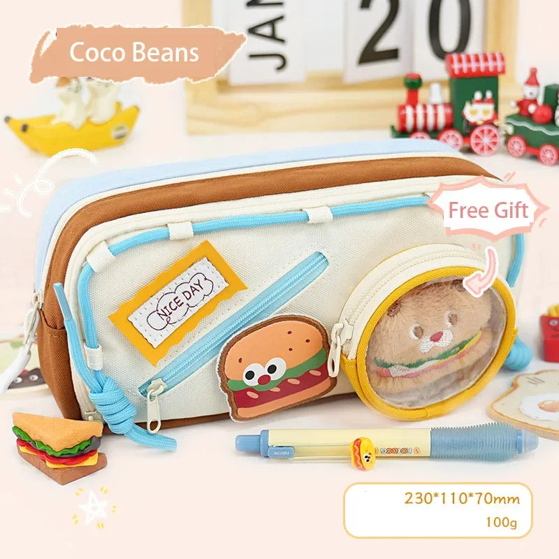Cute Canvas Pen Bags Multi-layers Large Capacity Good-looking Pencil Cases Ins Style School Stationery Supplies Gift For Kids Peaceful Pleasures Health and Wellness Coffee