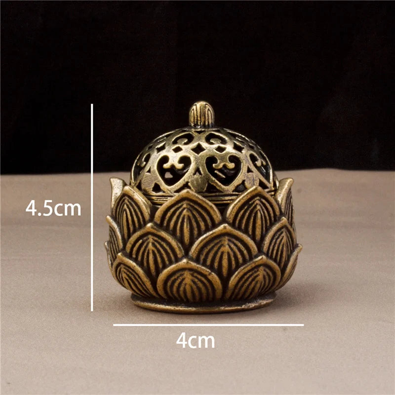 Retro Copper Small Lotus Hollow Out Incense Stick Burner Brass Incense Holder with Cover Home Decoration Sandalwood Censer Peaceful Pleasures Health and Wellness Big