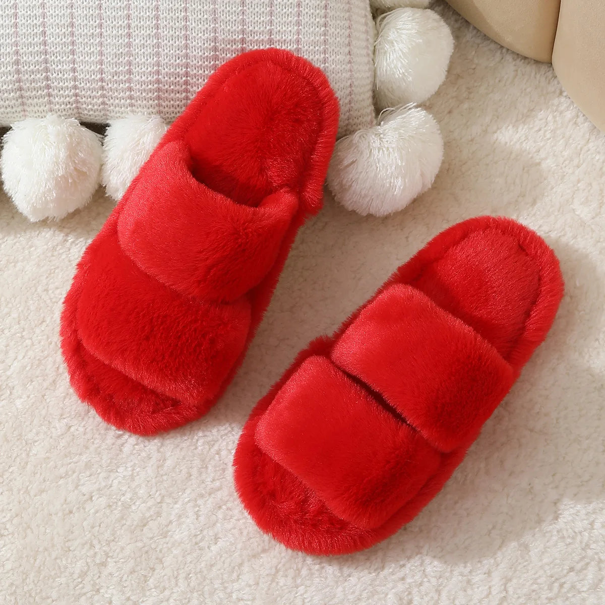 Women's Fluffy Double Strap Indoor Slippers | Non-Slip EVA