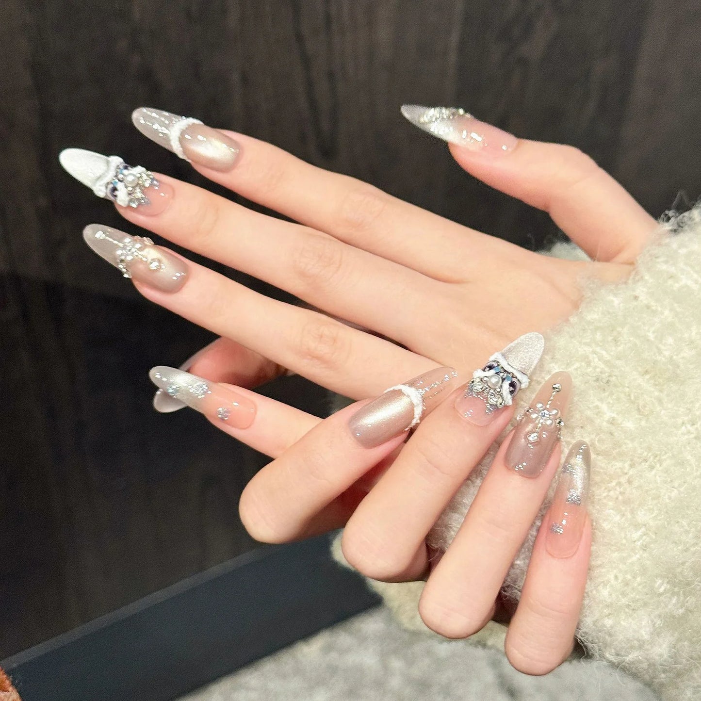 3D Lion Pearl Press On Nails | Cat's Eye Almond False Nails Press On Nail Set Peaceful Pleasures Health and Wellness L 1