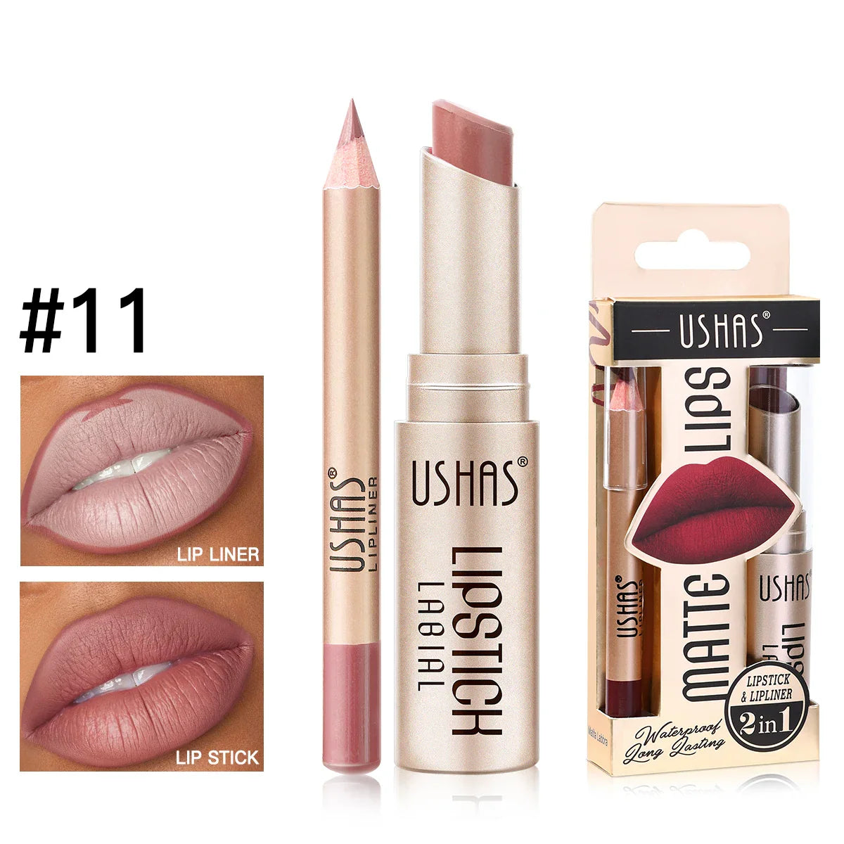 USHAS 12-Color Matte Lipstick & Lip Liner Set – Waterproof