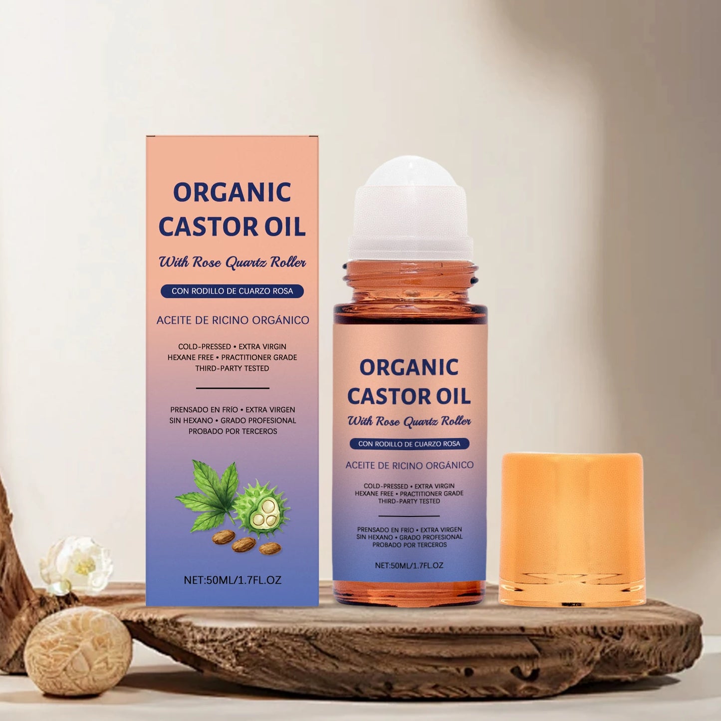 Castor Oil Roll-On for Body Care - Soothing Repairing Skin Brightening to Improve Dullness Relieve Skin Stress Lighten Fine Line Peaceful Pleasures Health and Wellness 50ml boxed