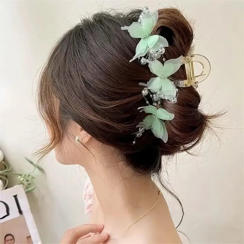 Light Blue/Pink Sheer Butterfly Claw Clip | Pearl Rhinestone Fairycore Hair Grabber | Elegant Romantic Hair Accessory Peaceful Pleasures Health and Wellness