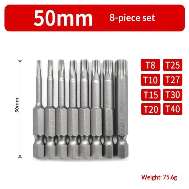 8Pcs/set 50mm/100mm/150mm S2 Steel Torx Screwdriver Bit Set 1/4 Inch Hex Shank Magnetic Star Bit T8-T40 For Drill Wrench Peaceful Pleasures Health and Wellness A1-50mm