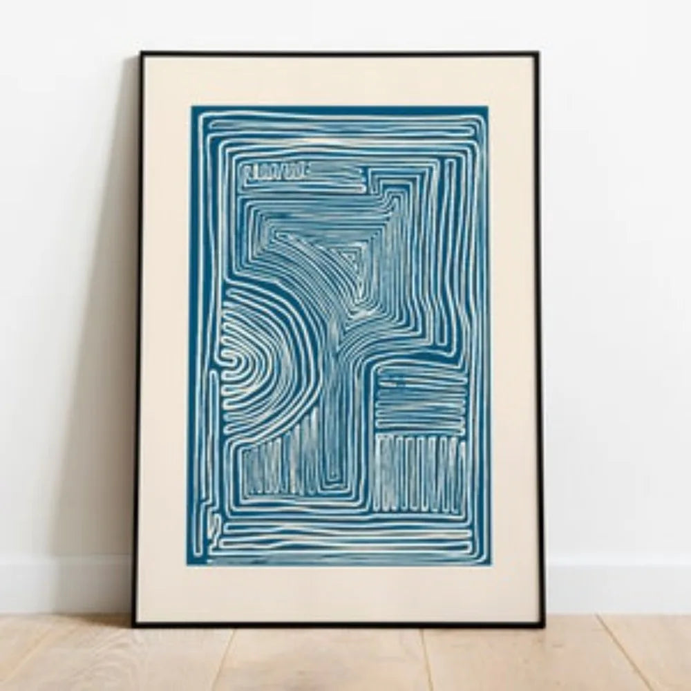 Minimalistic Wall Decor - Line Art Print - Blue Wall Art Prints - Mid Century Modern Wall Art - Neutral Abstract canvas Poster Peaceful Pleasures Health and Wellness