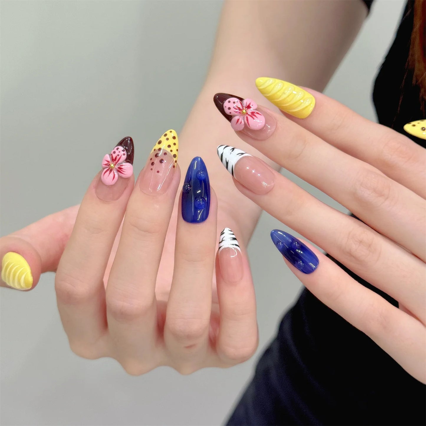 10pcs Handmade Press on Nails Crystal Striped Almond French Nail Art Fake Nails Tips Wearable 3D Carved Flower False Nails Decor Peaceful Pleasures Health and Wellness
