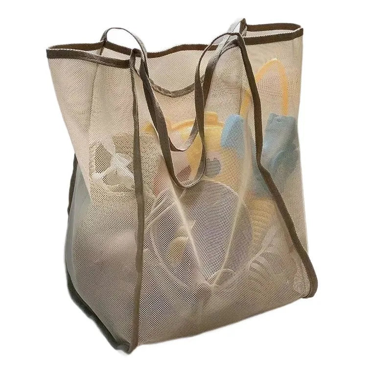 Transparent Mesh Shoulder Bag Large Capacity for Shopping and Beach Use Peaceful Pleasures Health and Wellness Khaki