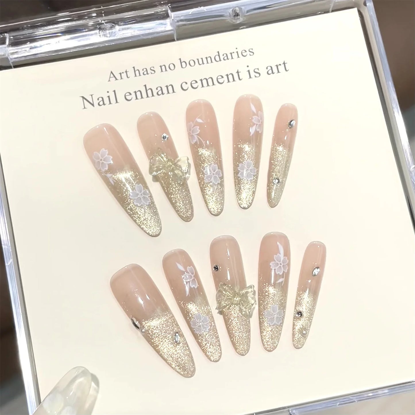Handmade Blue Glitter Butterfly Press-On Nails | Cat's Eye Short