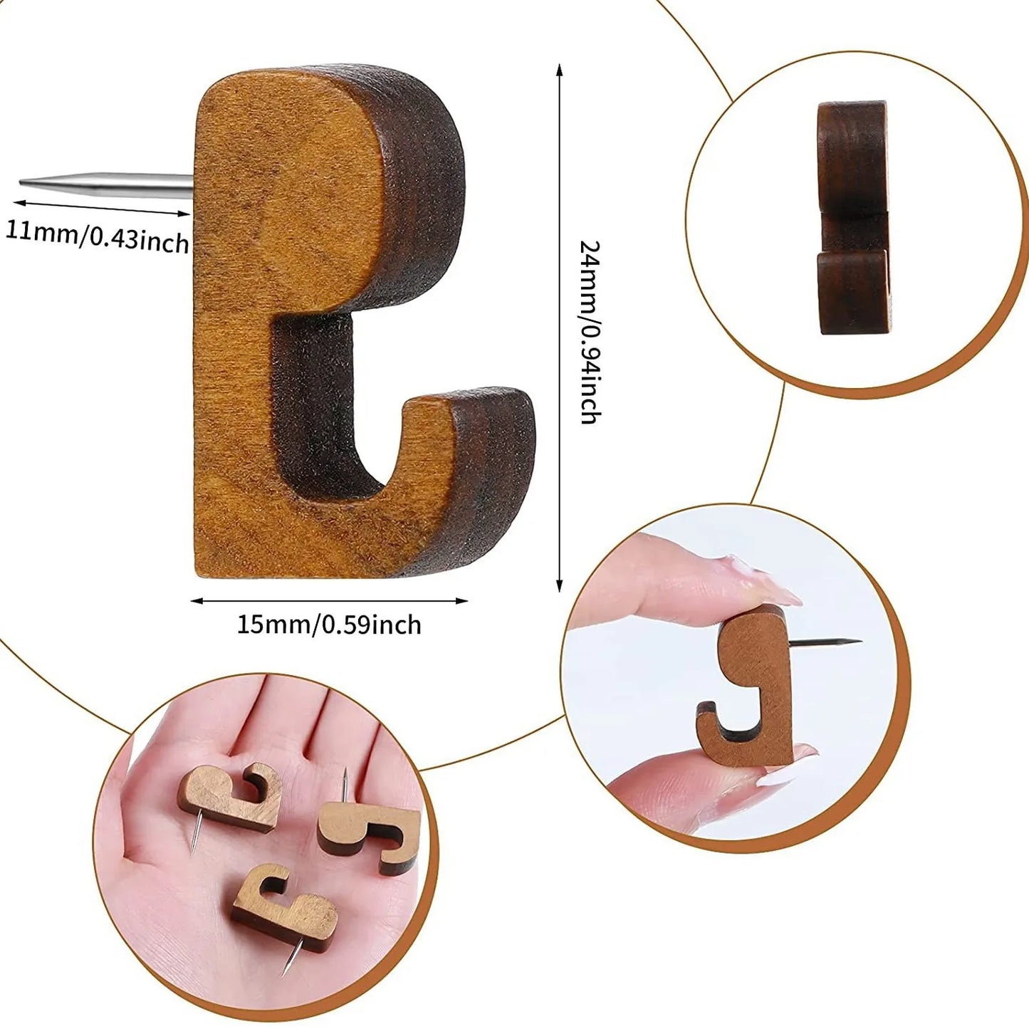 Bview Art Wooden Hook-shaped Push Pins Coffee Brown Decorative