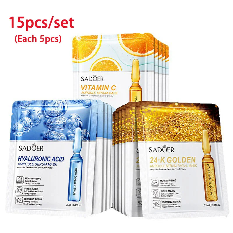 30/15pcs SADOER 24K Gold Vitamin C Hyaluronic Acid Facial Masks Face Moisturizing Firming Hydrating Face Mask Facial Skin Care Peaceful Pleasures Health and Wellness Mixed 15pcs