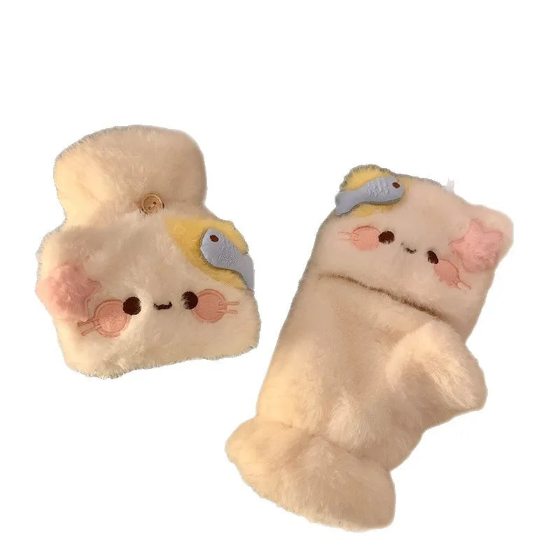 Cat Plush Flip-Cover Gloves for Women | Touchscreen Winter
