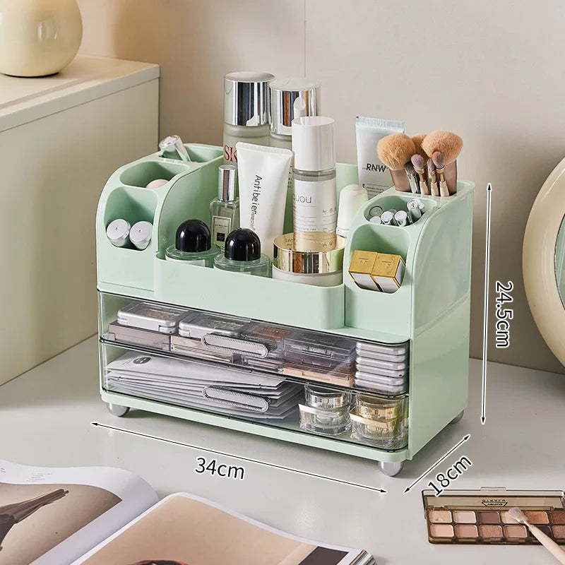 Vanity Cosmetic Organizer Large Capacity Desktop Makeup Storage Box Dustproof Drawers Multi-Functional Skincare Display Case Peaceful Pleasures Health and Wellness Green