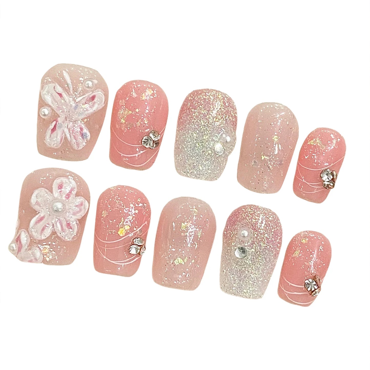 Handmade French Floral Press On Nails – Short Reusable Resin Set