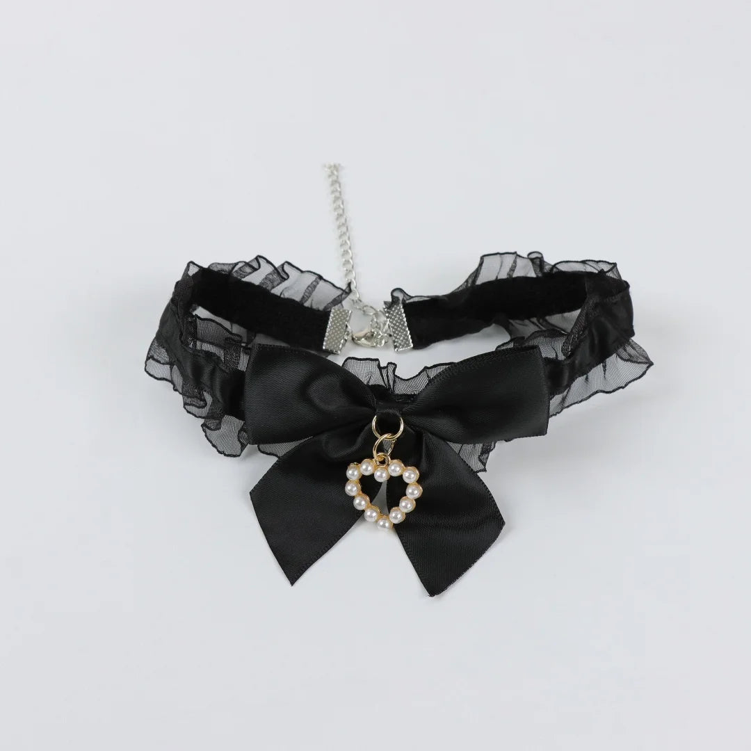 UYEE Belt Black Satin Bow Choker Necklace Pearl Heart Pendant