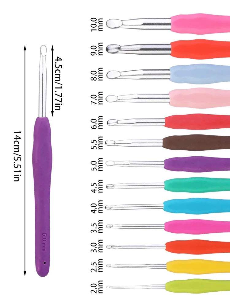 14pcs Colorful Rubber Handle Knitting Needles Kit With Sewing Clips Plastic Needles Staniless Steel Scissors Crochet Hooks Set Peaceful Pleasures Health and Wellness 14pcs