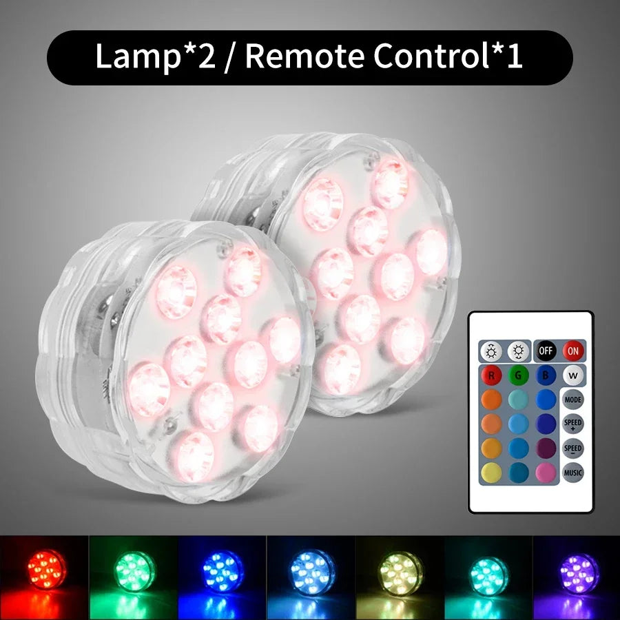 RGB Submersible LED Lights – 10 LED, IP68, Remote Control