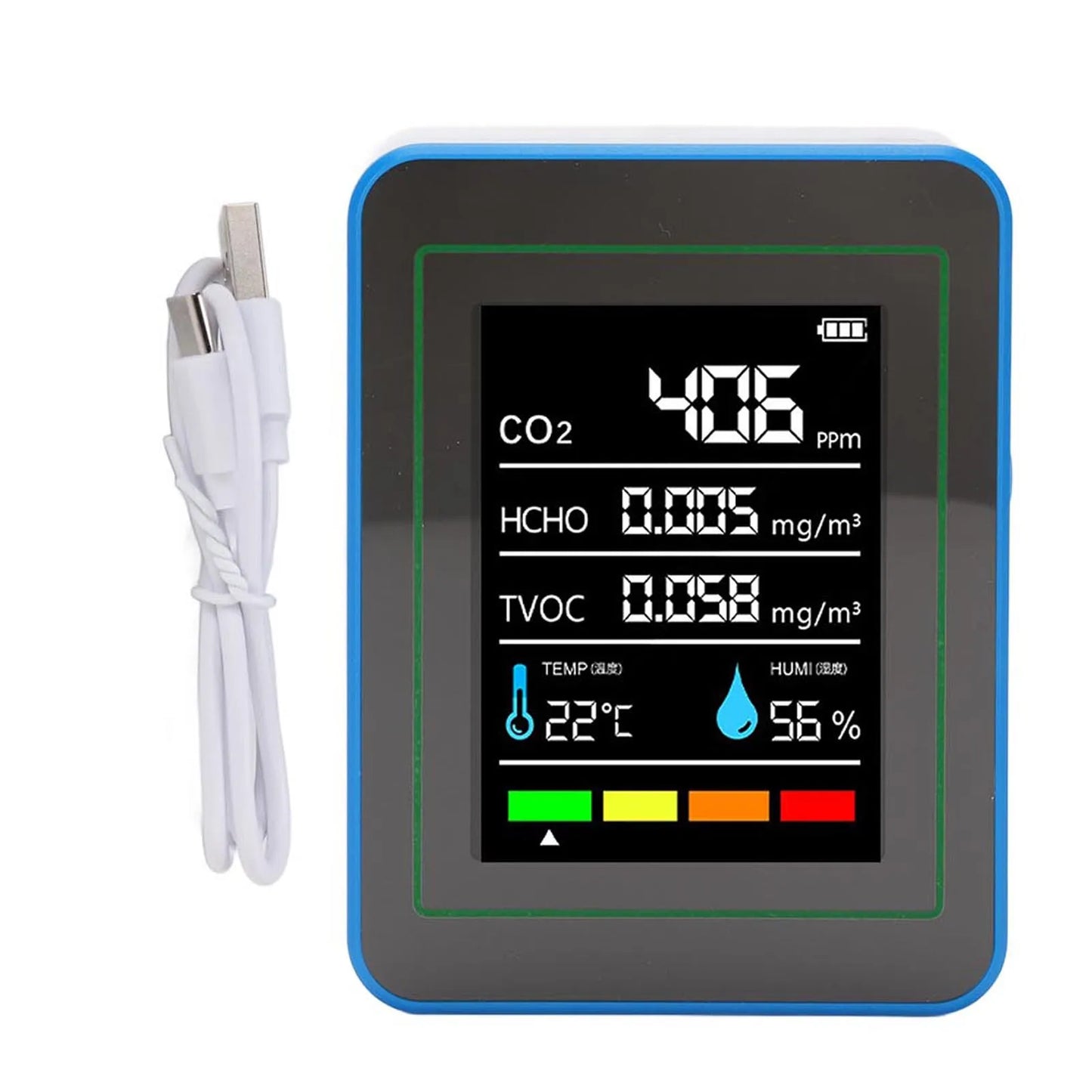 Air Quality Detector 5 in 1 LCD Color Screen Long Battery Life CO2 TVOC HCHO Meter Fast Data Refresh Rechargeable for Office Peaceful Pleasures Health and Wellness 5in1 white