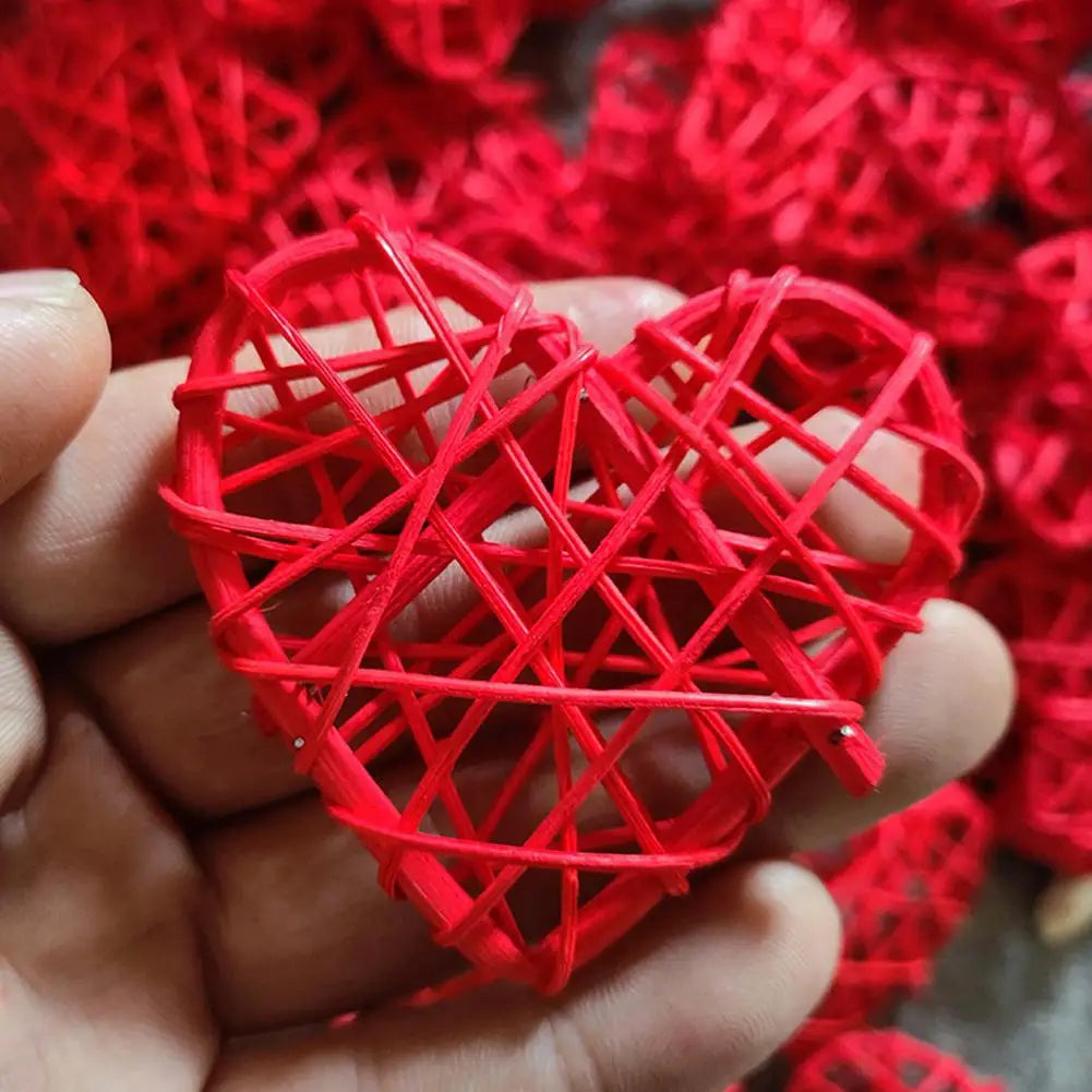 10pcs Red Rattan Heart Ornaments – Rustic Handcrafted Decor