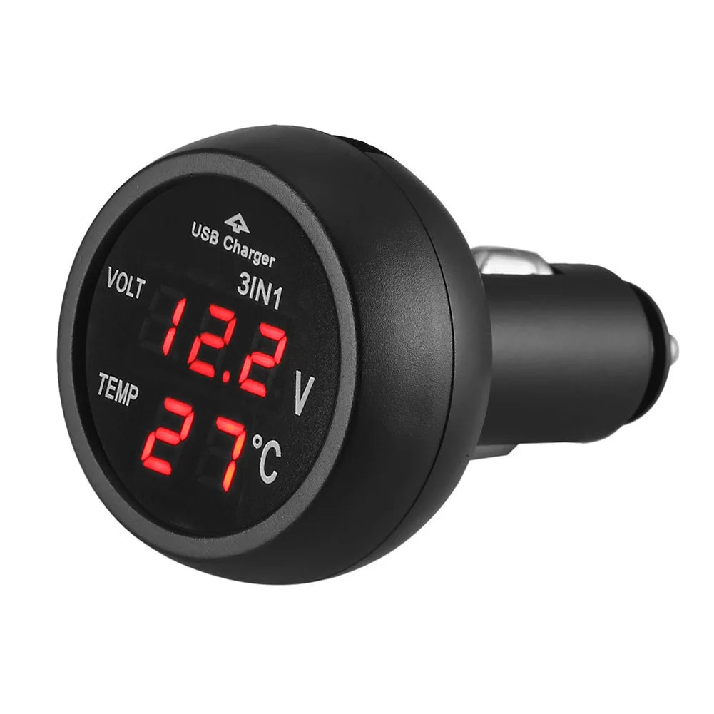 3 in 1 12V/24V Digital LED Car Cigarette Lighter Voltmeter Thermometer Car Truck USB Charger Voltage Current Temperature Meter Peaceful Pleasures Health and Wellness Red United States