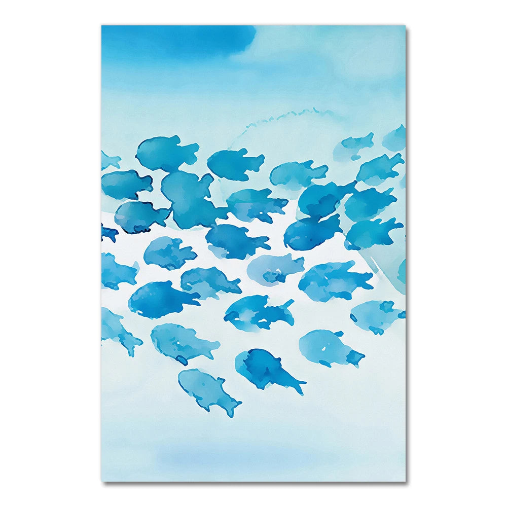 Abstract Poster Cartoon Blue Fish Group Canvas Painting Childlike Wall Art Pictures Print Room Decorative For Nursery Children Peaceful Pleasures Health and Wellness 3240-02 20x30cm