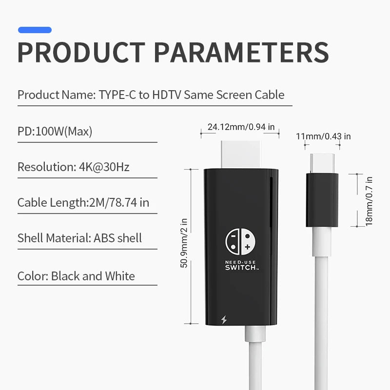 4K 60Hz USB-C to HDMI Cable 2m | MacBook Switch Steam Deck
