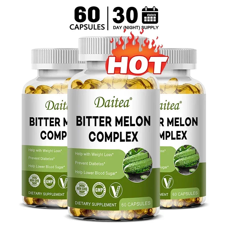 Natural bitter melon extract capsules help lower blood sugar, prevent heatstroke, and supplement daily multivitamins to burn fat Peaceful Pleasures Health and Wellness 60 count-3 bottle