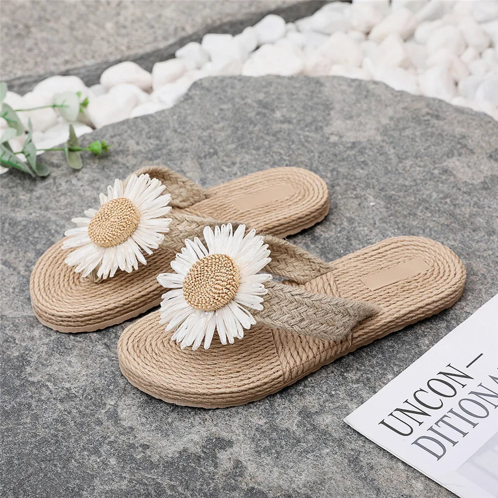 JPNTKY Faux Grass Woven Women's Flat Sandals | Beach Flip Flops