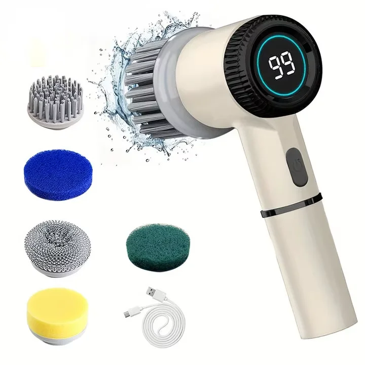 Electric Spin Scrubber With 5 Replaceable Brush Head, Three-speed Adjustable Handheld Rechargeable Shower Scrubber Peaceful Pleasures Health and Wellness White