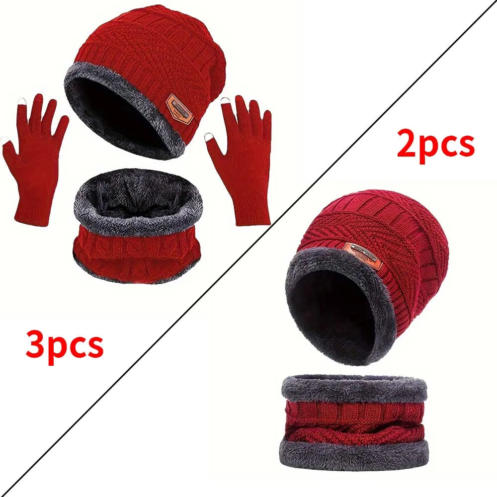 1Set Warm & Soft Winter Fleece-lined Knitted Hat, Scarves And Touch Screen Gloves 3-Piece Set ,Perfect Ear & Neck Warmer Peaceful Pleasures Health and Wellness Burgundy 3 piece set
