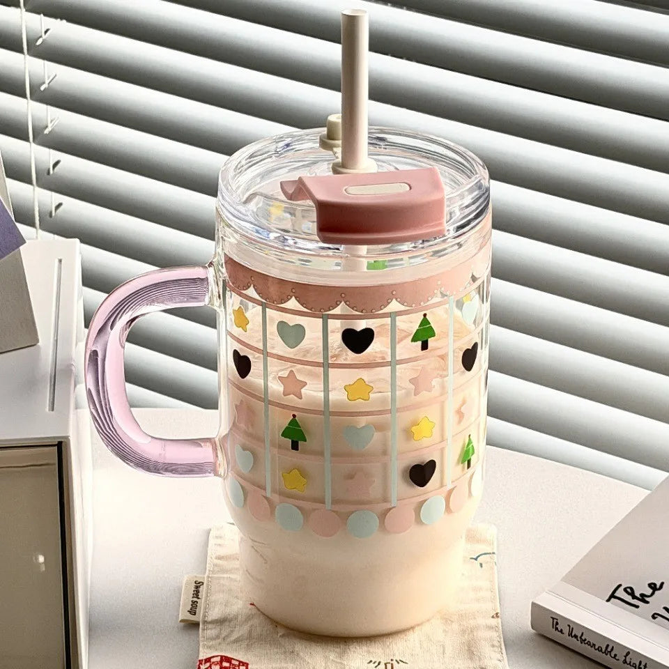 New 760ml Cartoon Printed Car Cup, High Borosilicate Glass Straw Cup with Handle, Double Drinking Car Office Casual Cup Peaceful Pleasures Health and Wellness Pink