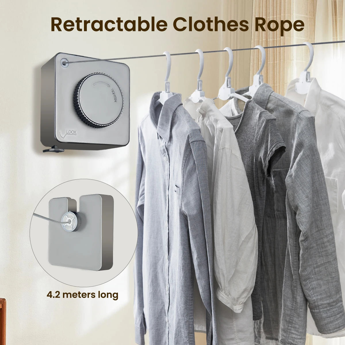 1 Pcs Indoor Retractable Clothesline Non Sagging Outdoor Clothesline Wall Mounted Stainless Steel Rope 15.1 Feet Gray Peaceful Pleasures Health and Wellness