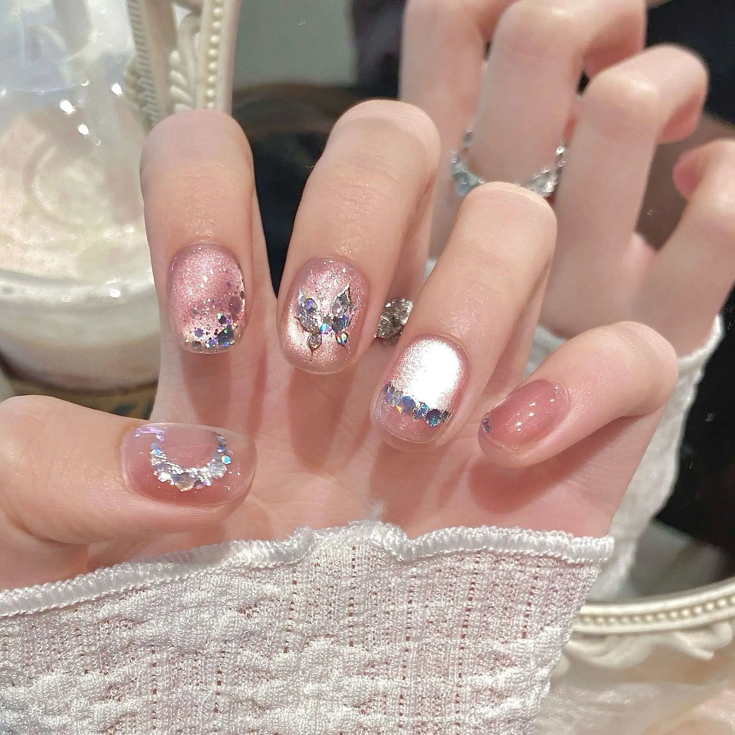 Handmade Press on Nails Sweet Pink Cat Eye Fake Nails with Colorful Diamond Design Full Cover Wearable Korean Cute False Nails Peaceful Pleasures Health and Wellness L 1