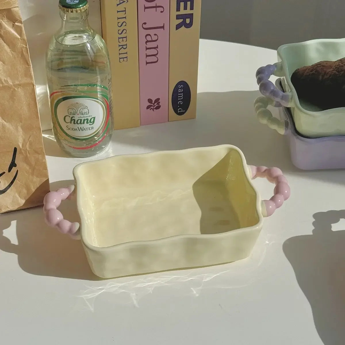Color Blocked Sugar Bean Irregular Baking Tray Ceramic Double Ear Baking Bowl High End Microwave Oven Baking Utensils Practical Peaceful Pleasures Health and Wellness YELLOW 8 inches
