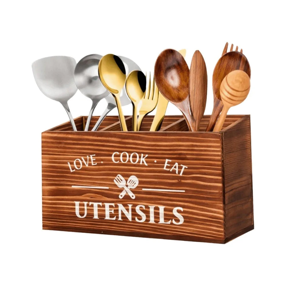 Wooden Utensil Holder – 3-Compartment Cutlery Organizer