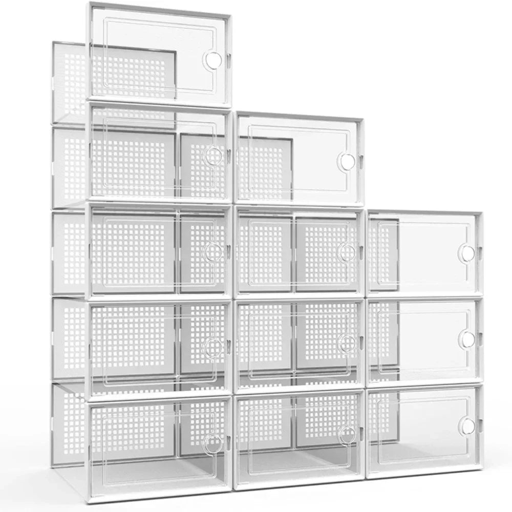 12-Pack Transparent Plastic Stackable Shoe Storage Boxes for Closet Linked Design Sports Shoe Organizers Foldable Shoe Racks Peaceful Pleasures Health and Wellness white color United States