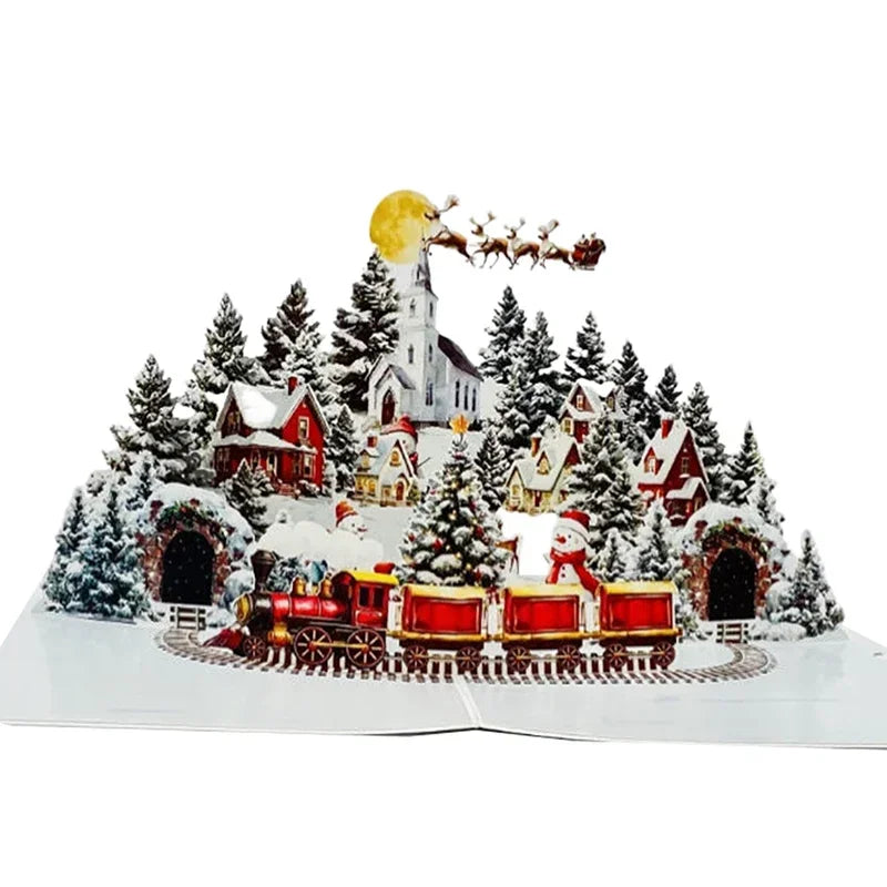 3D Pop-Up Christmas Card – Santa, Reindeer & Snowy Village