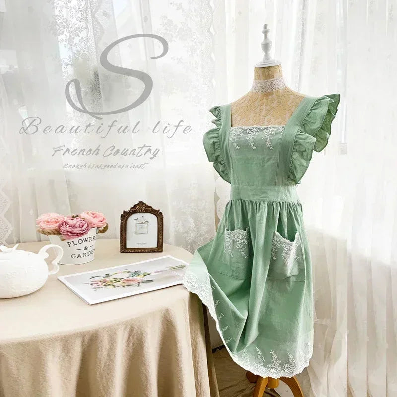 Pure Cotton Apron Floral Art All-cotton Garden Smock Princess Full-body Flower Shop Work Clothes Summer Linen Manicure Apron New Peaceful Pleasures Health and Wellness light green