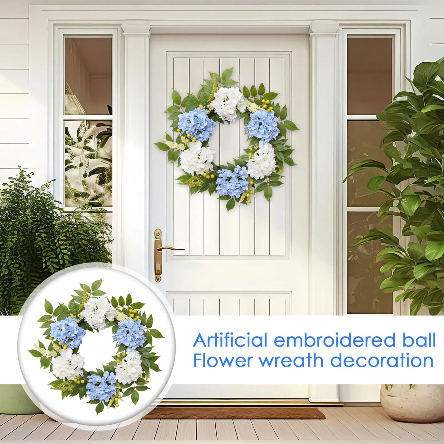 Artificial Hydrangea Wreath – Faux Floral Front Door Decor