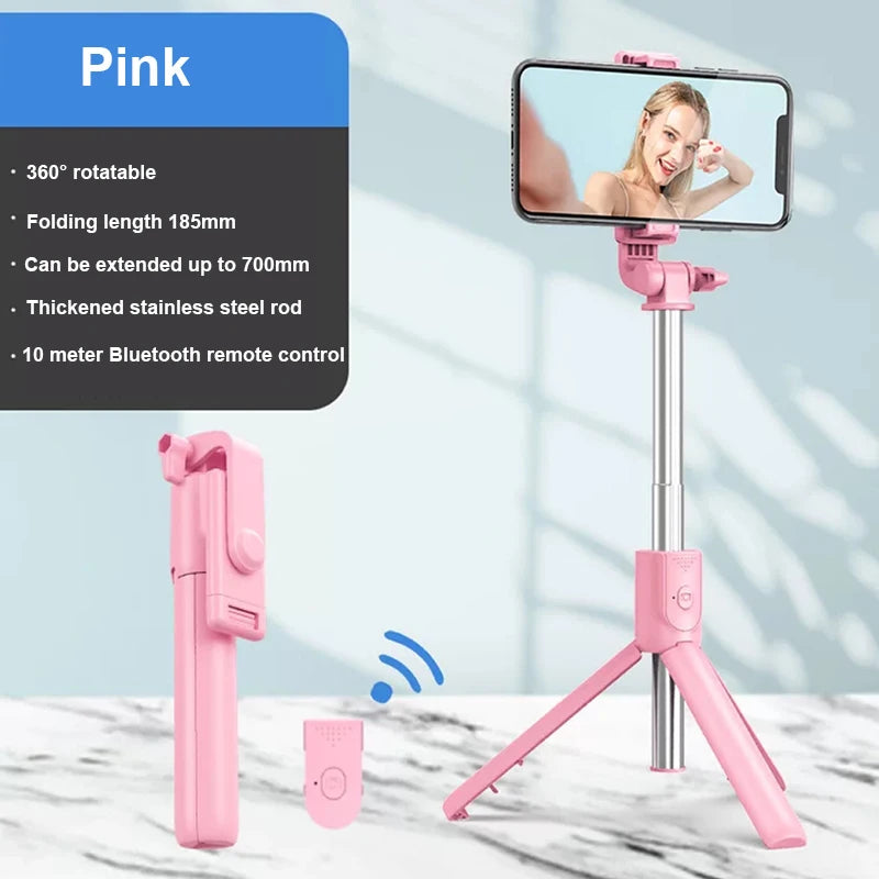 Portable Bluetooth Selfie Stick Mobile Tripod Holder with Remote Shutter Extendable Wireless Remote Retractable Phone Stand Peaceful Pleasures Health and Wellness Pink